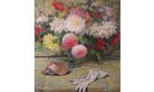 Natura morta con vaso di fiori, guanti e conchiglia, in origine dipinta su retro del quadro.